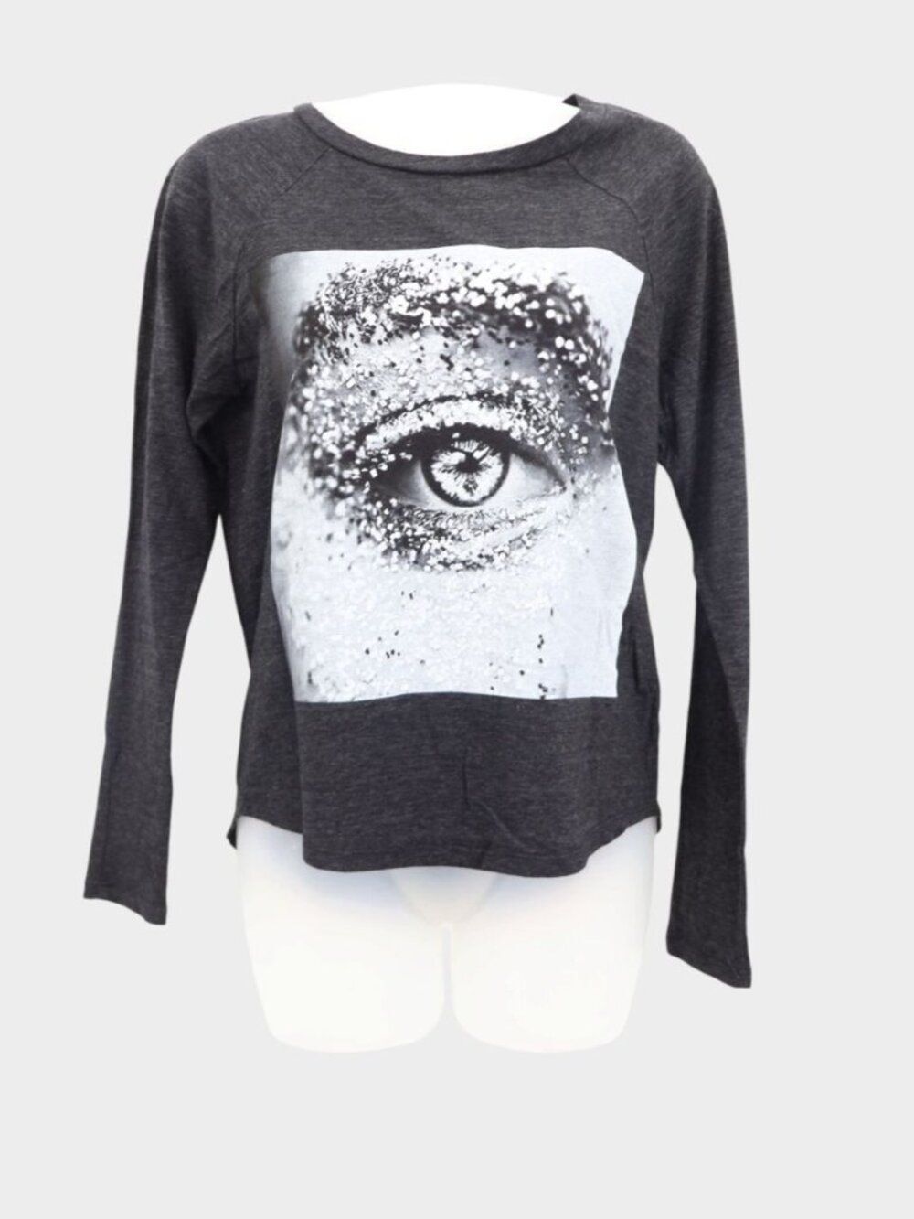 Pam & Gela Charcoal Gray Eye Glitter Graphic Long Sleeve Raglan Tee Top XS
